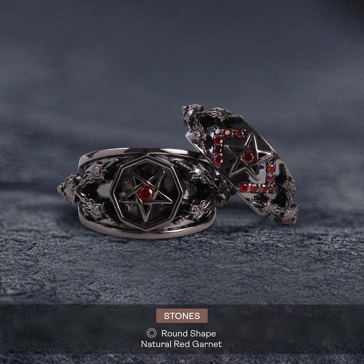 Pentagram skull engagement ring set satanic couple wedding rings