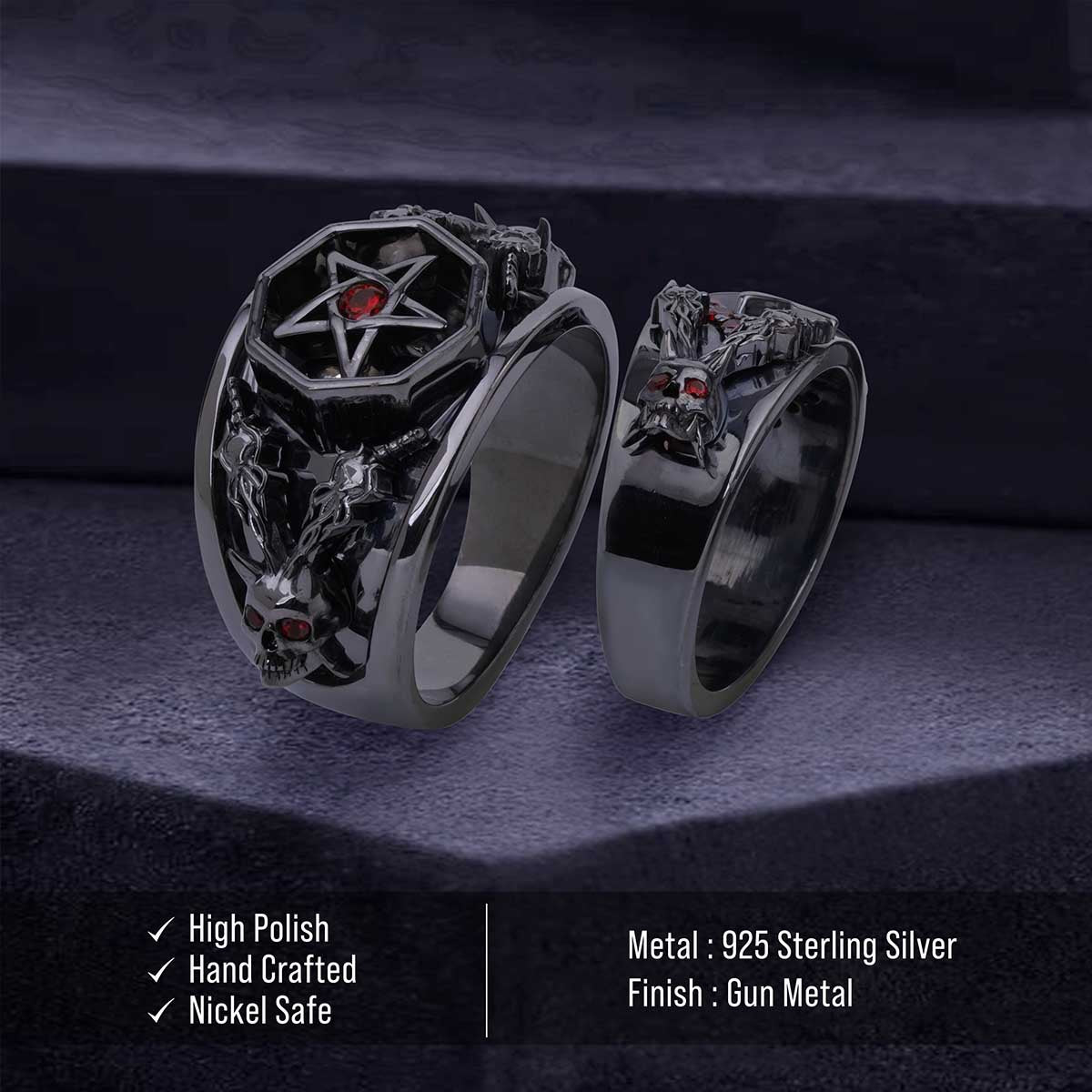 Pentagram Skull Wedding Rings Satanic Couple Engagement Ring Set