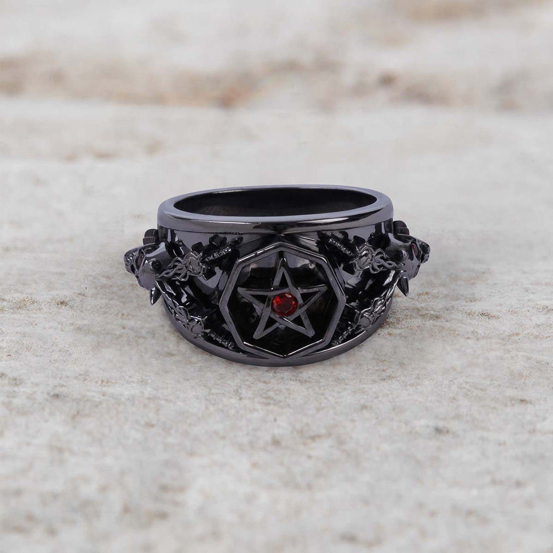 Pentagram skull ring with devil horn red eyes gothic satanic jewelry