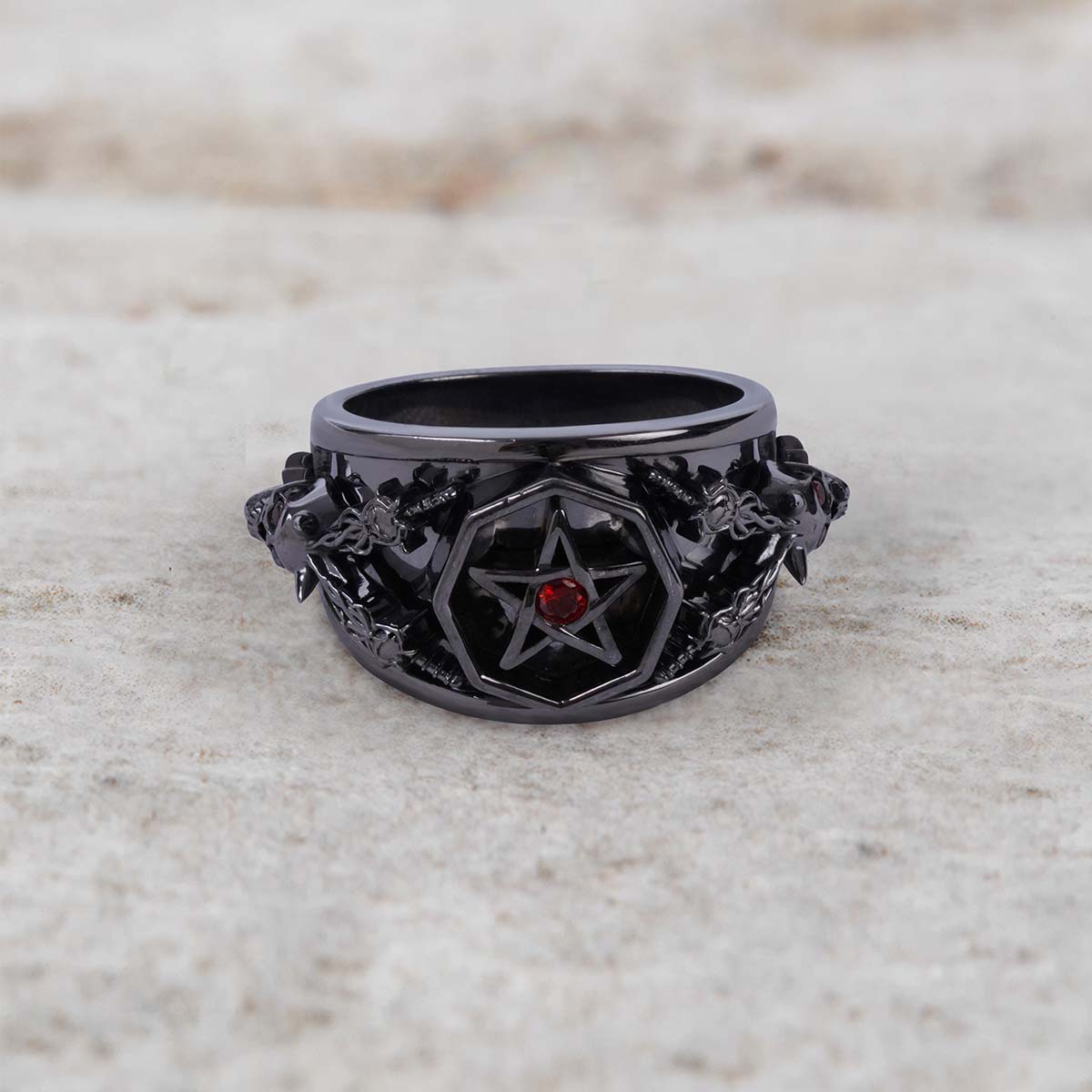 Pentagram skull ring with devil horn red eyes gothic satanic jewelry