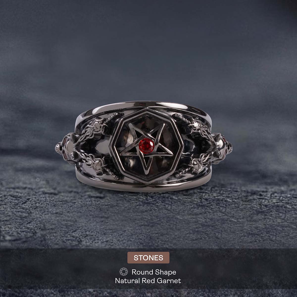 Pentagram skull ring with devil horn red eyes gothic satanic jewelry