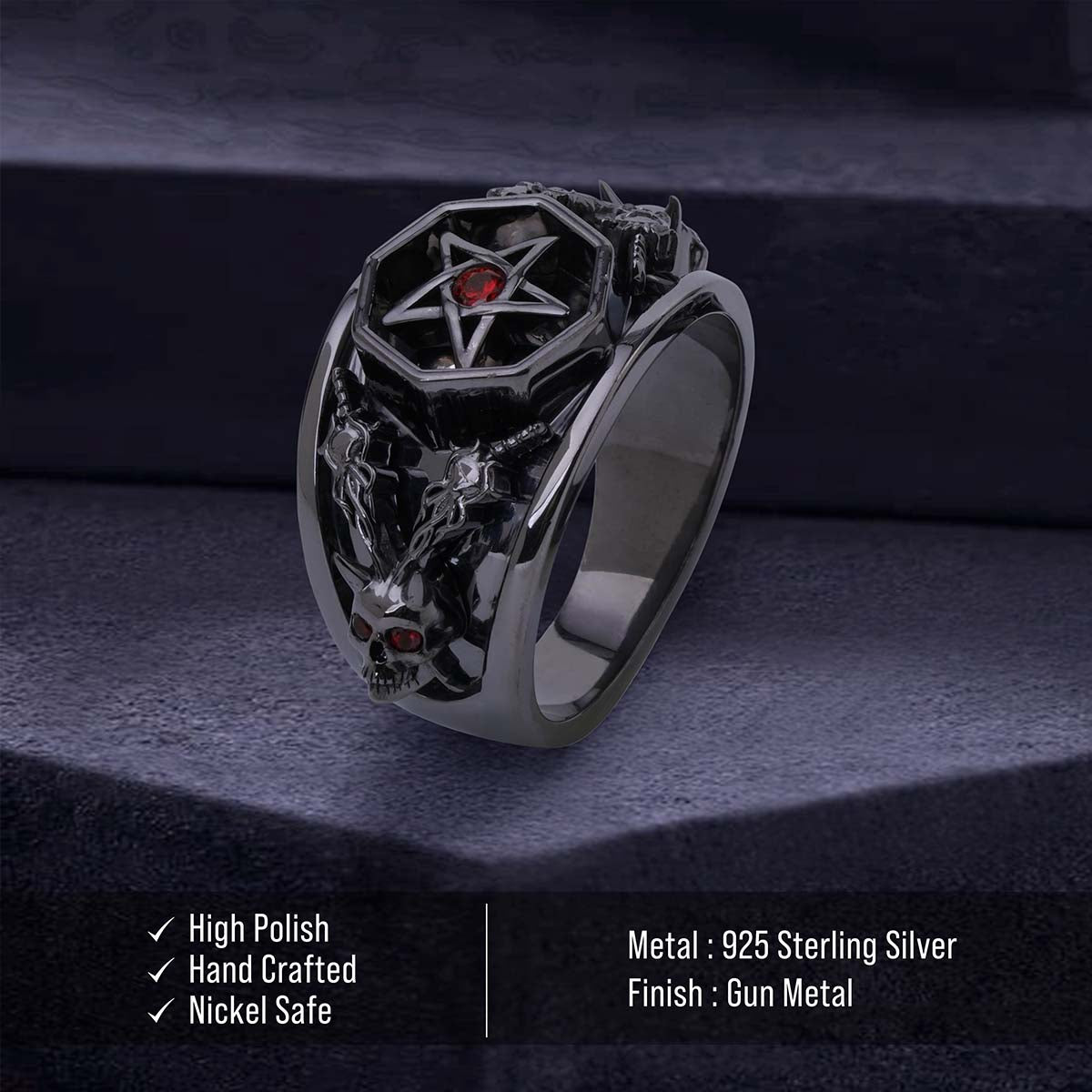 Pentagram skull ring with devil horn red eyes gothic satanic jewelry