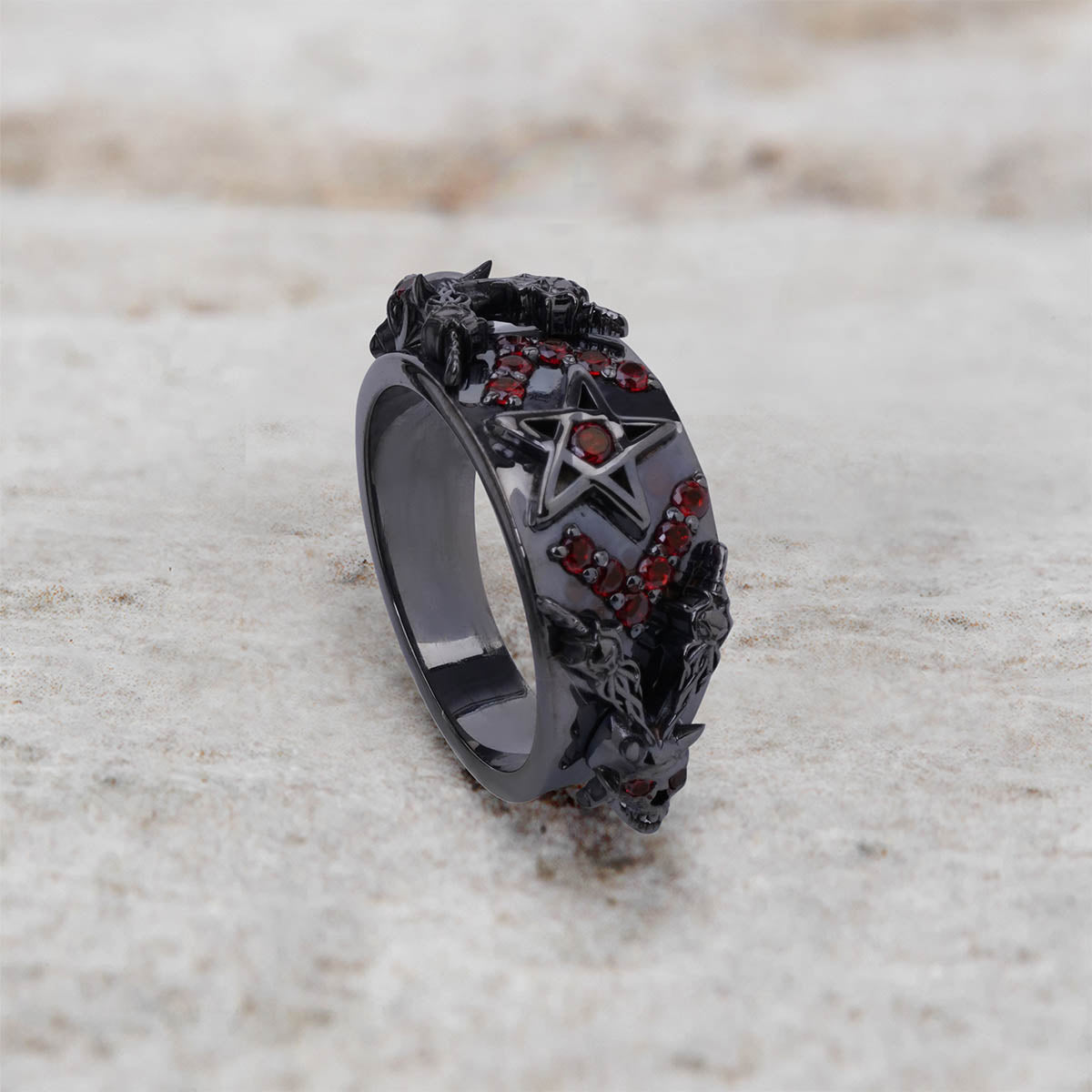 Pentagram Skull Wedding Ring Devil Horn Occult Satanic Jewelry