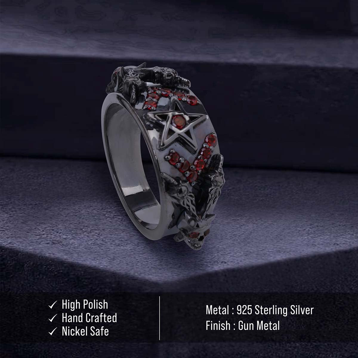 Pentagram Skull Wedding Ring Devil Horn Occult Satanic Jewelry