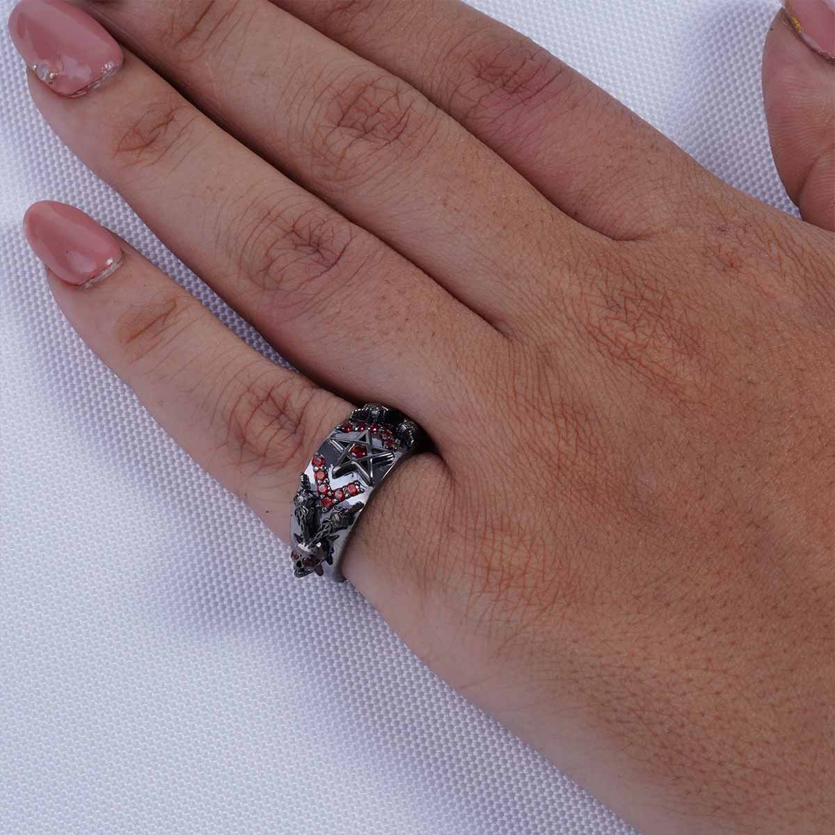 Pentagram Skull Wedding Ring Devil Horn Occult Satanic Jewelry