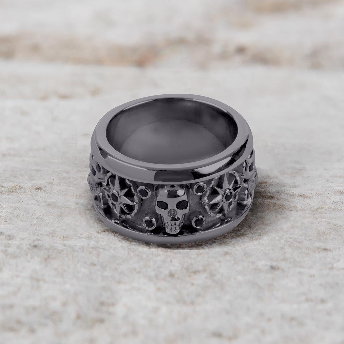 Octagram Skull Wedding Band for Men Gothic Jewelry Gun Metal