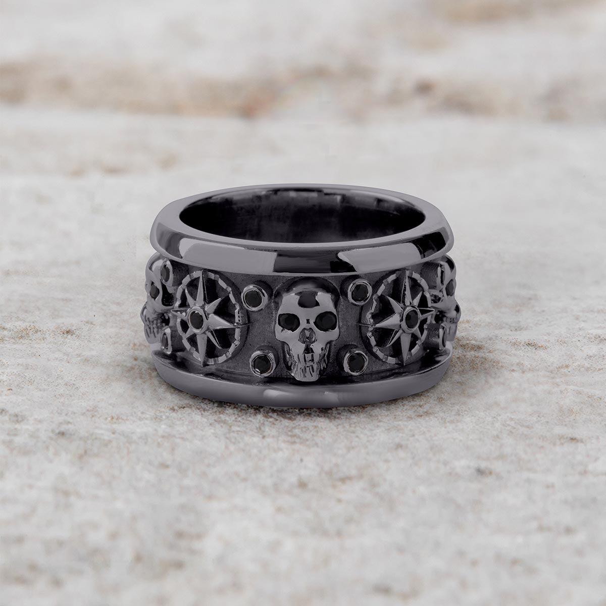 Octagram Skull Wedding Band for Men Gothic Jewelry Gun Metal