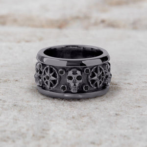 Compass Skull Wedding Band Gothic Mens Ring Sterling Silver Gun Metal Finish