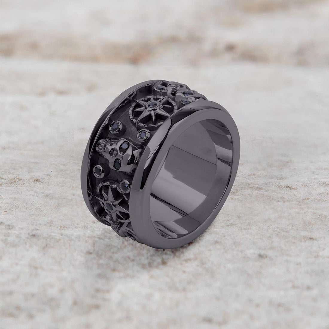 Octagram Skull Wedding Band for Men Gothic Jewelry Gun Metal