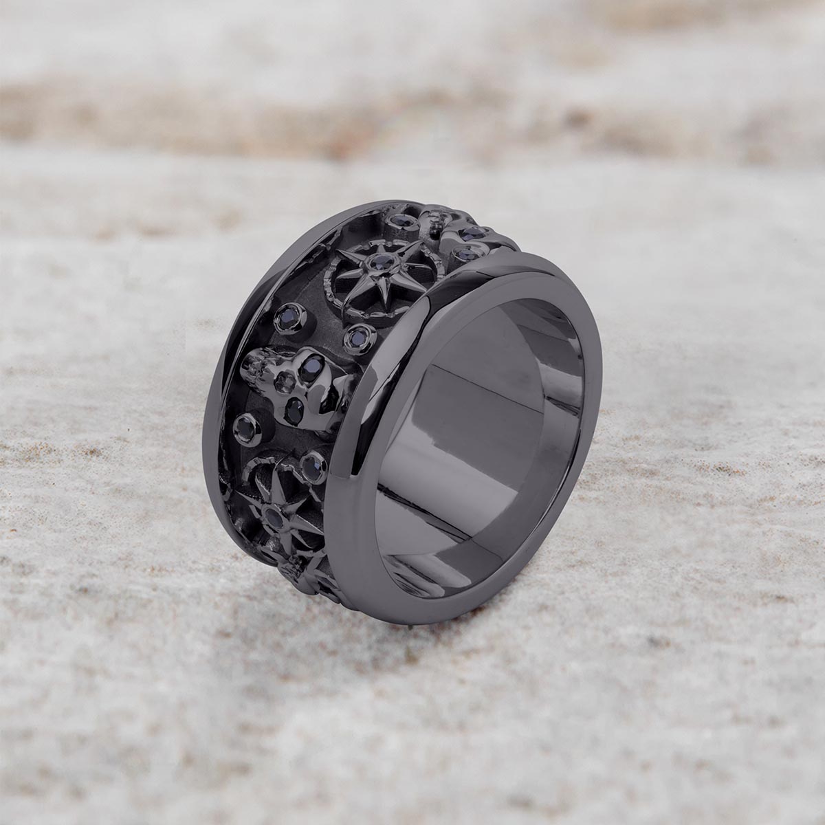 Compass Skull Wedding Band Gothic Mens Ring Sterling Silver Gun Metal Finish