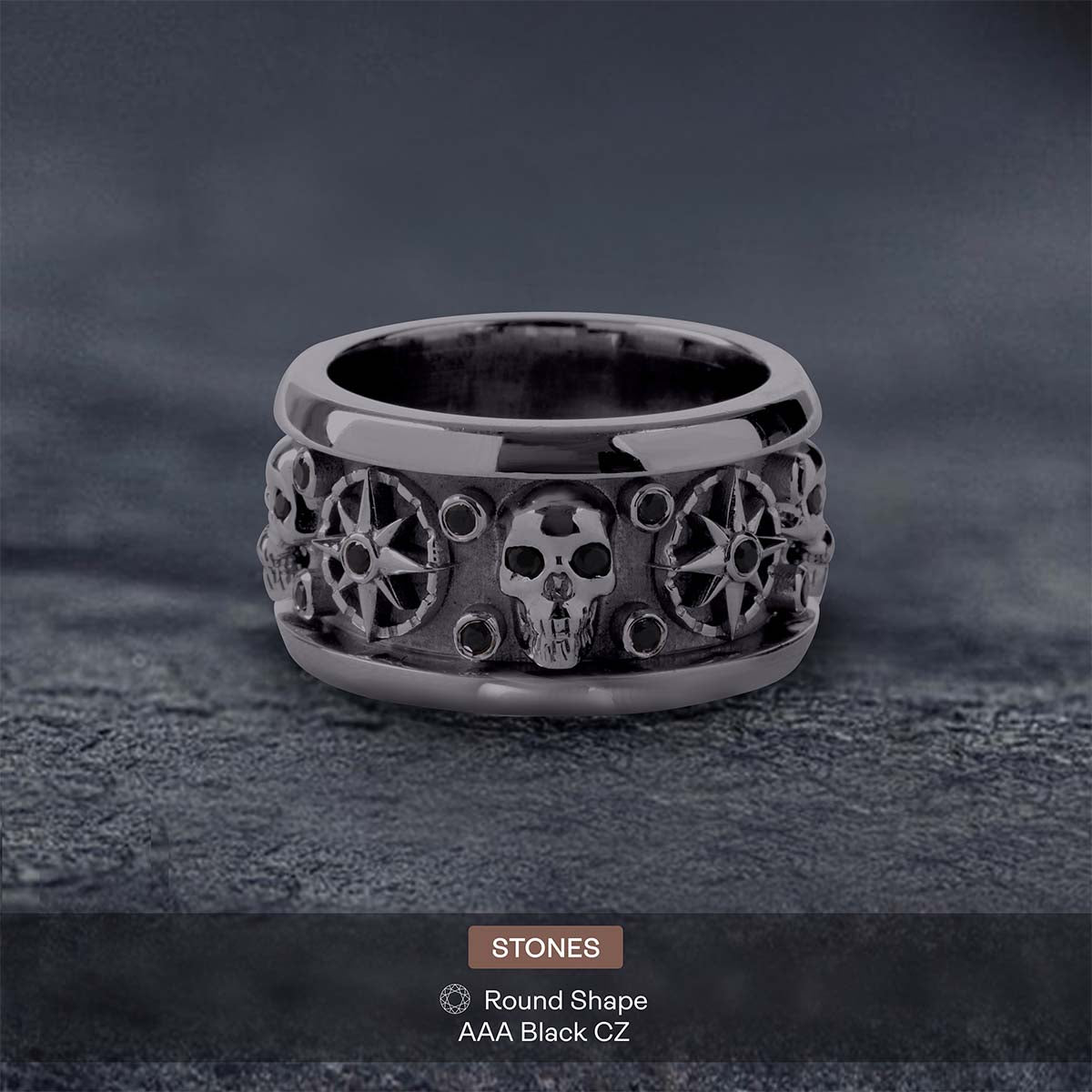 Octagram Skull Wedding Band for Men Gothic Jewelry Gun Metal