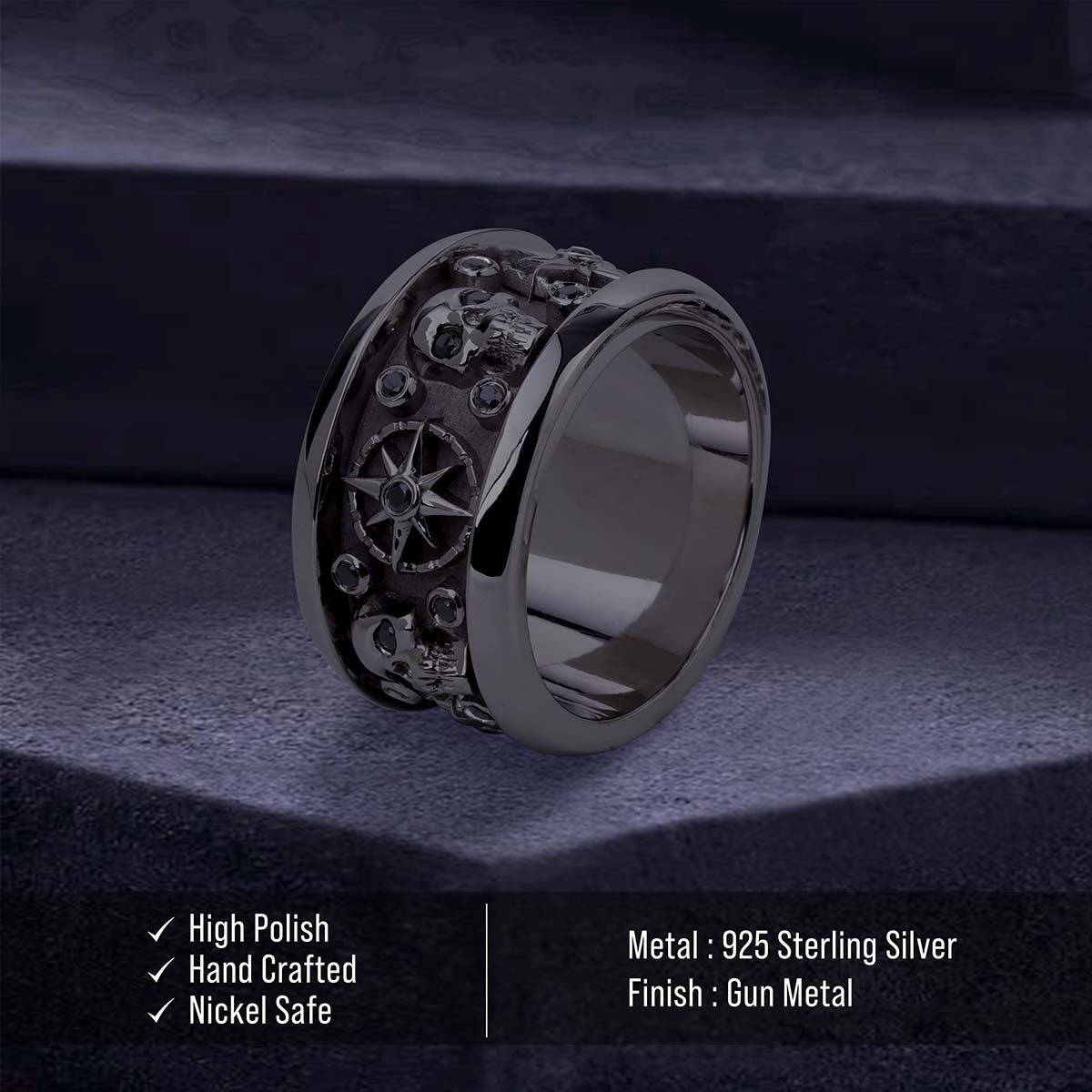 Octagram Skull Wedding Band for Men Gothic Jewelry Gun Metal