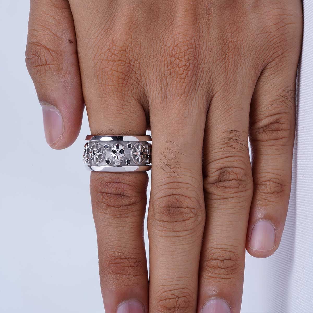 Octagram Skull Wedding Band for Men Gothic Jewelry Gun Metal