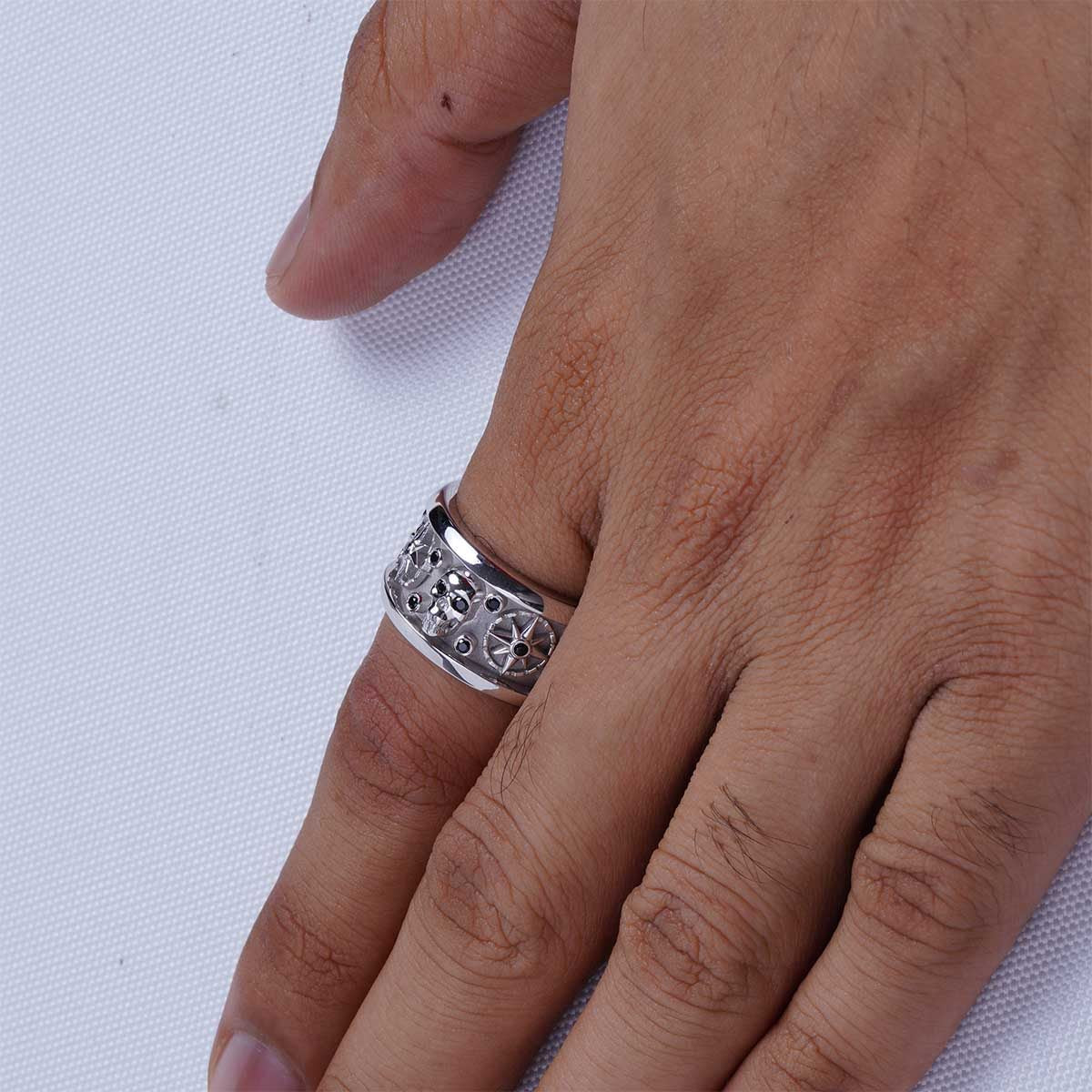 Octagram Skull Wedding Band for Men Gothic Jewelry Gun Metal