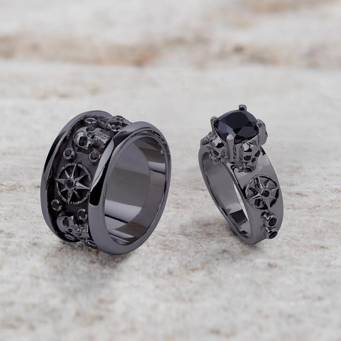Octagram Skull Wedding Ring Set His and Her Black Spinel CZ Gothic Couple Rings