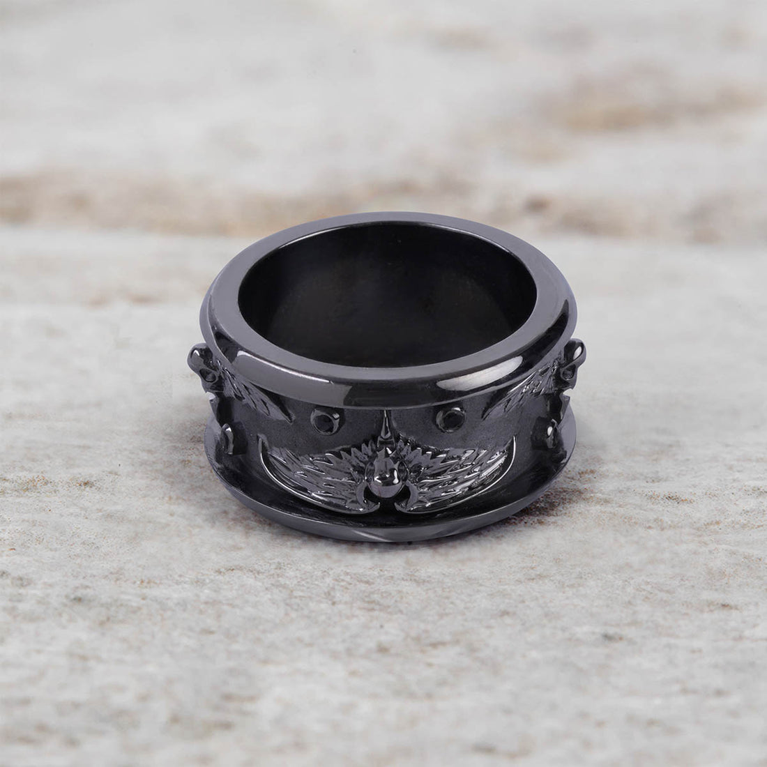Raven Skull Wedding Band for Men Gothic Viking Jewelry Gun Metal Finish