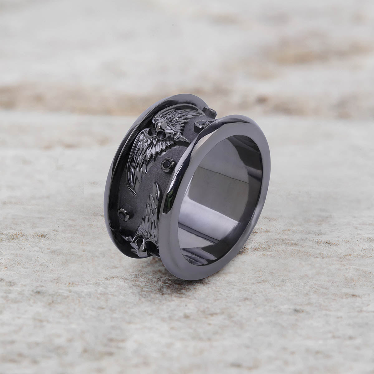 Raven Skull Wedding Band for Men Gothic Viking Jewelry Gun Metal Finish