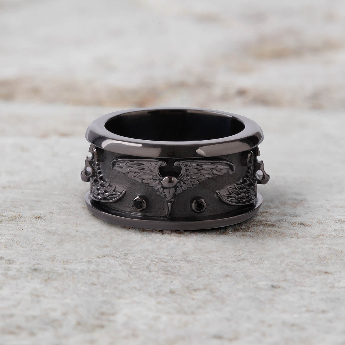 Raven Skull Wedding Band for Men Gothic Viking Jewelry Gun Metal Finish