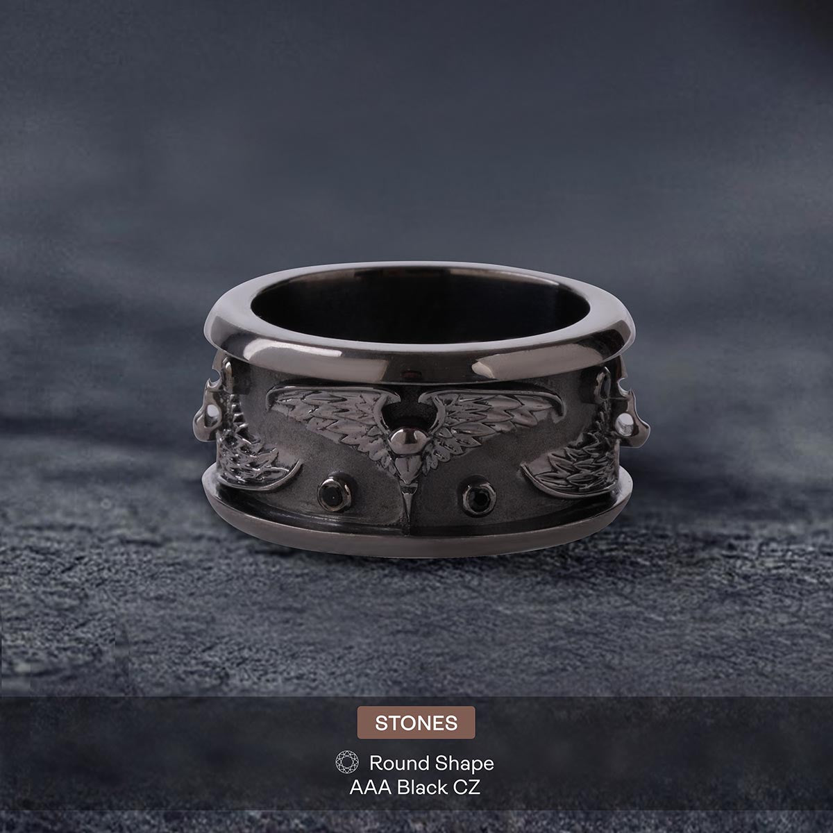Raven Skull Wedding Band for Men Gothic Viking Jewelry Gun Metal Finish