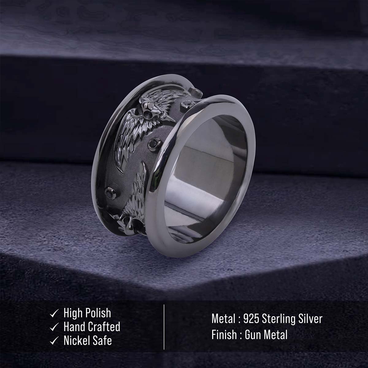 Raven Skull Wedding Band for Men Gothic Viking Jewelry Gun Metal Finish