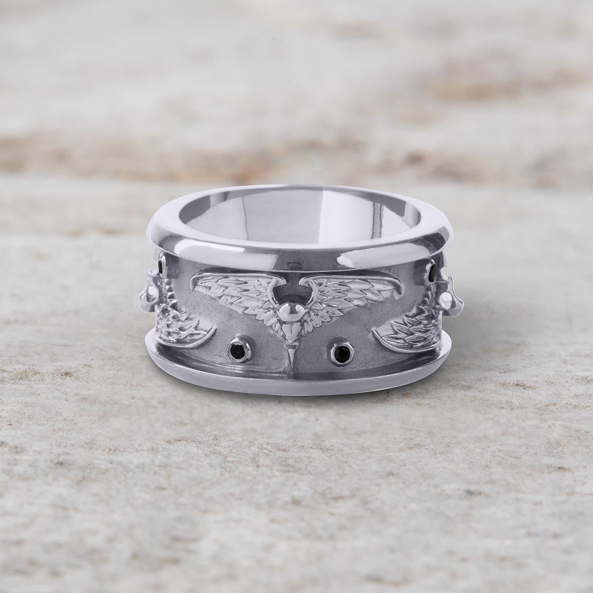 Raven Wedding Band for Men Gothic Viking Jewelry Sterling Silver