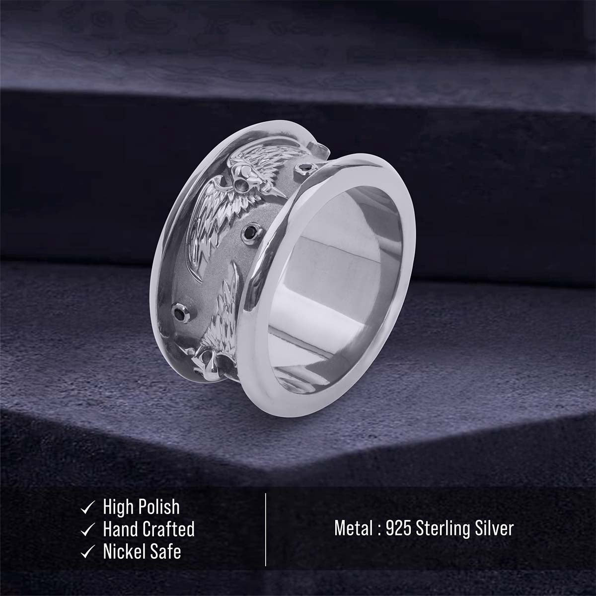 Raven Wedding Band for Men Gothic Viking Jewelry Sterling Silver