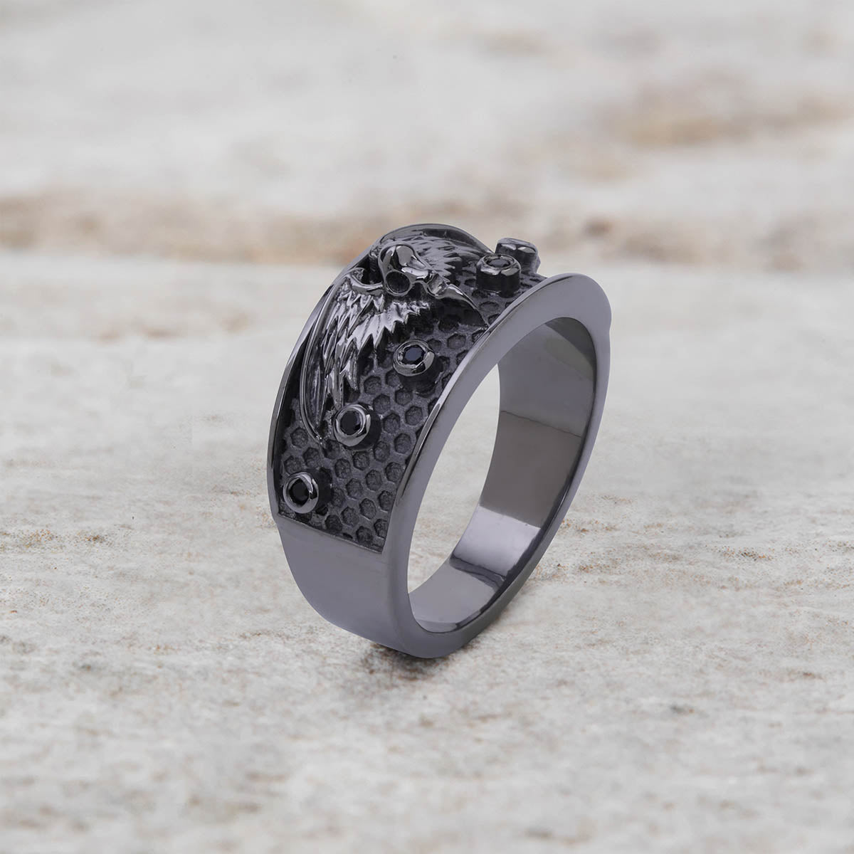 Raven Wedding Band for Women Gothic Viking Jewelry Gun Metal Finish