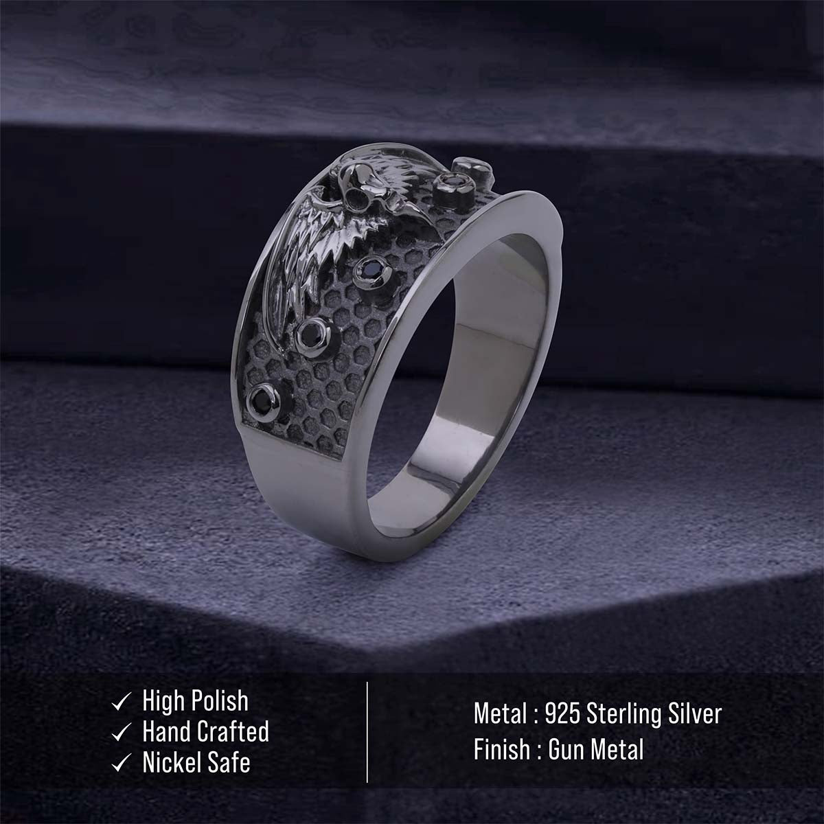 Raven Wedding Band for Women Gothic Viking Jewelry Gun Metal Finish
