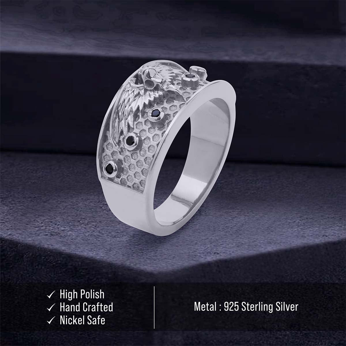 Sterling Silver Raven Ring Black Moissanite Norse Viking Jewelry