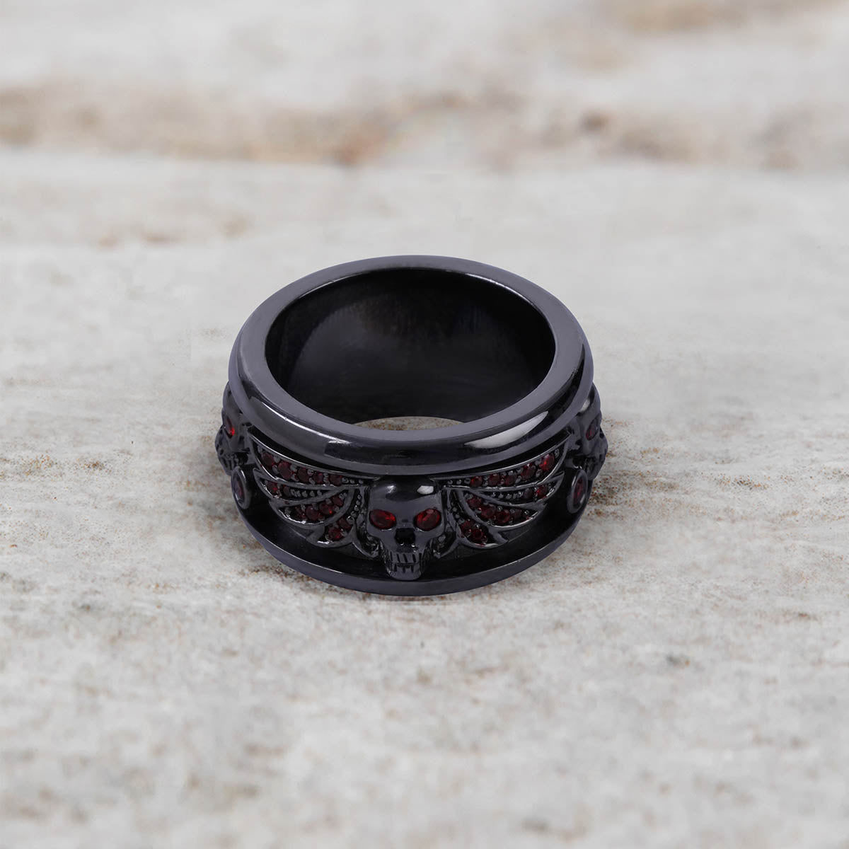 Winged Skull Band for Men Natural Garnet Gothic Wedding Ring