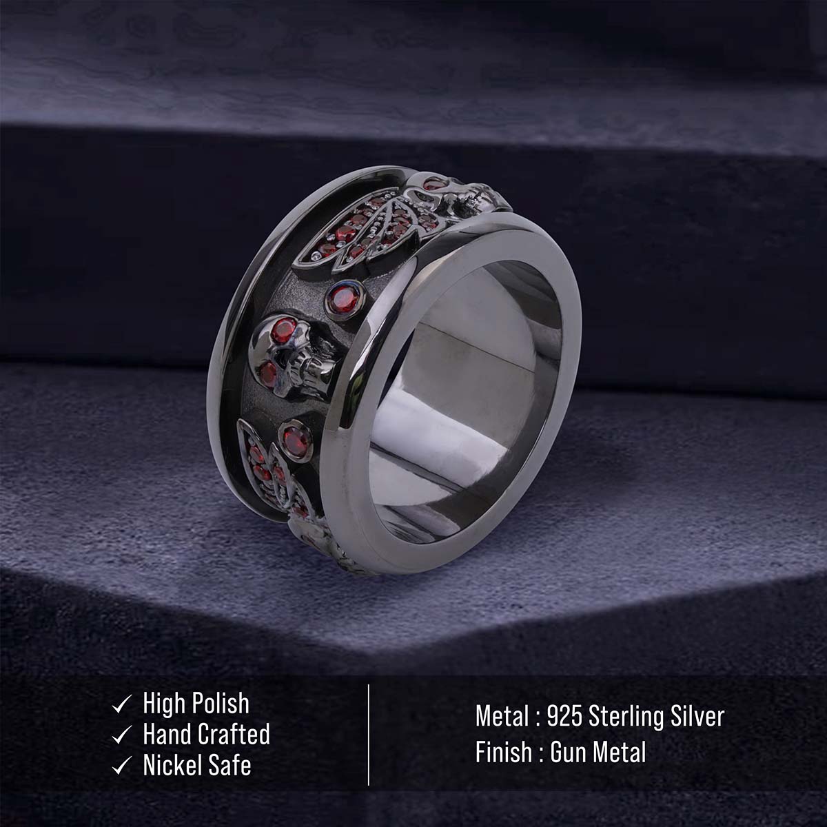 Winged Skull Band for Men Natural Garnet Gothic Wedding Ring