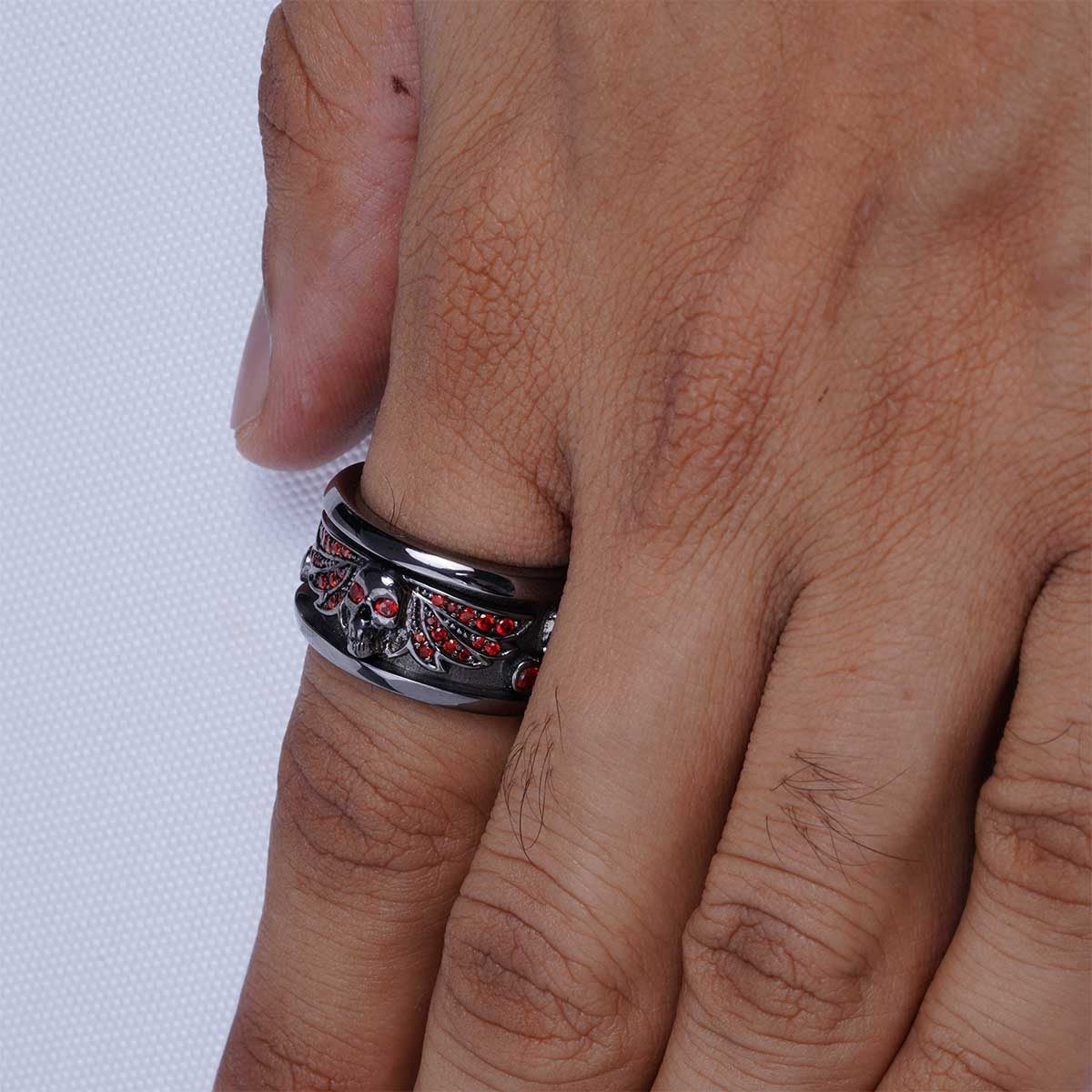 Winged Skull Band for Men Natural Garnet Gothic Wedding Ring