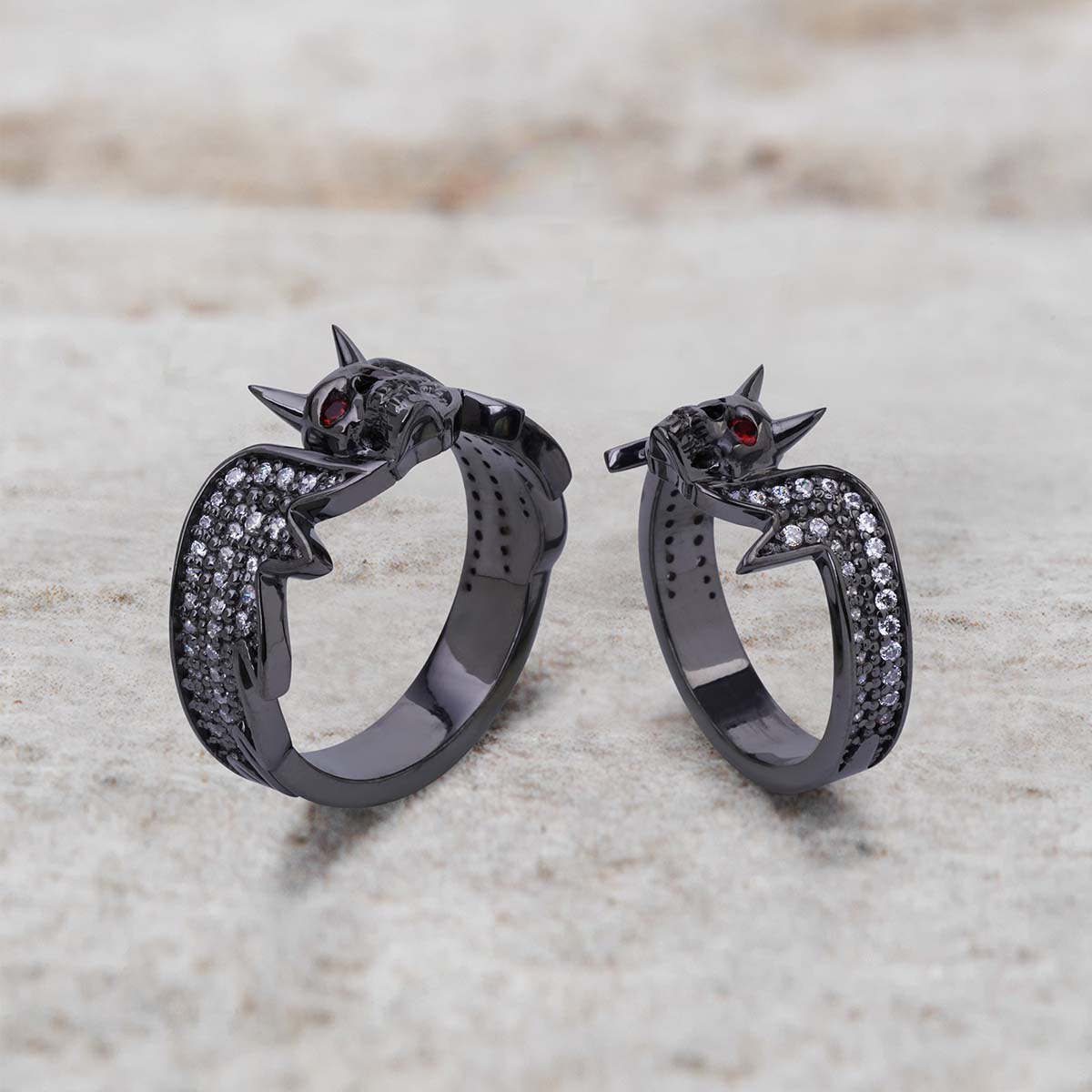 Devil Skull Ring Set with Horns Matching Gothic Wedding Rings