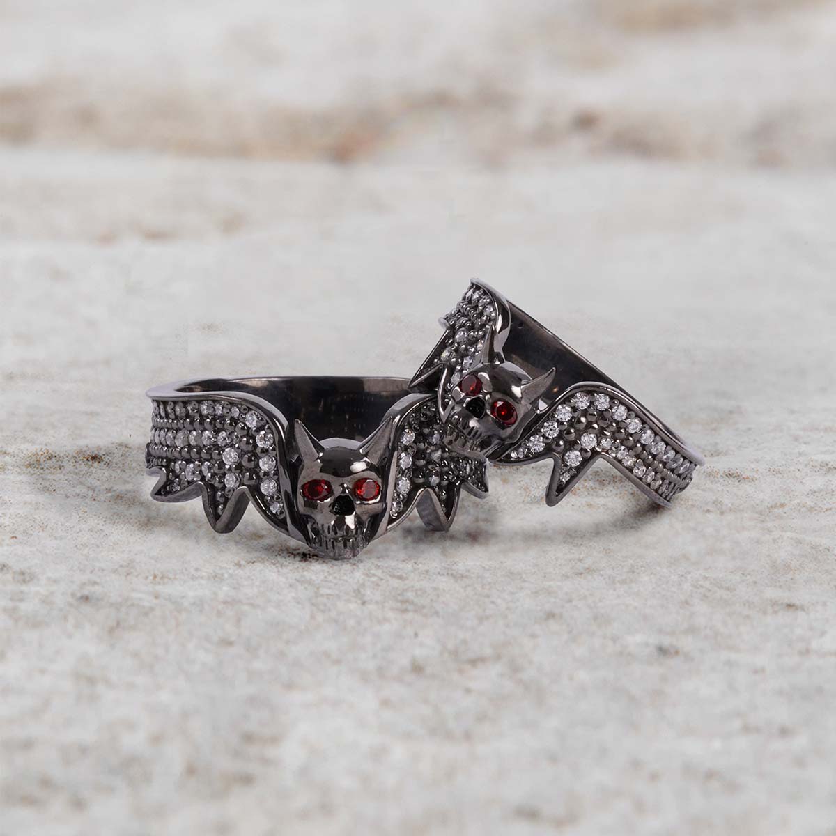 Devil Skull Ring Set with Horns Matching Gothic Wedding Rings