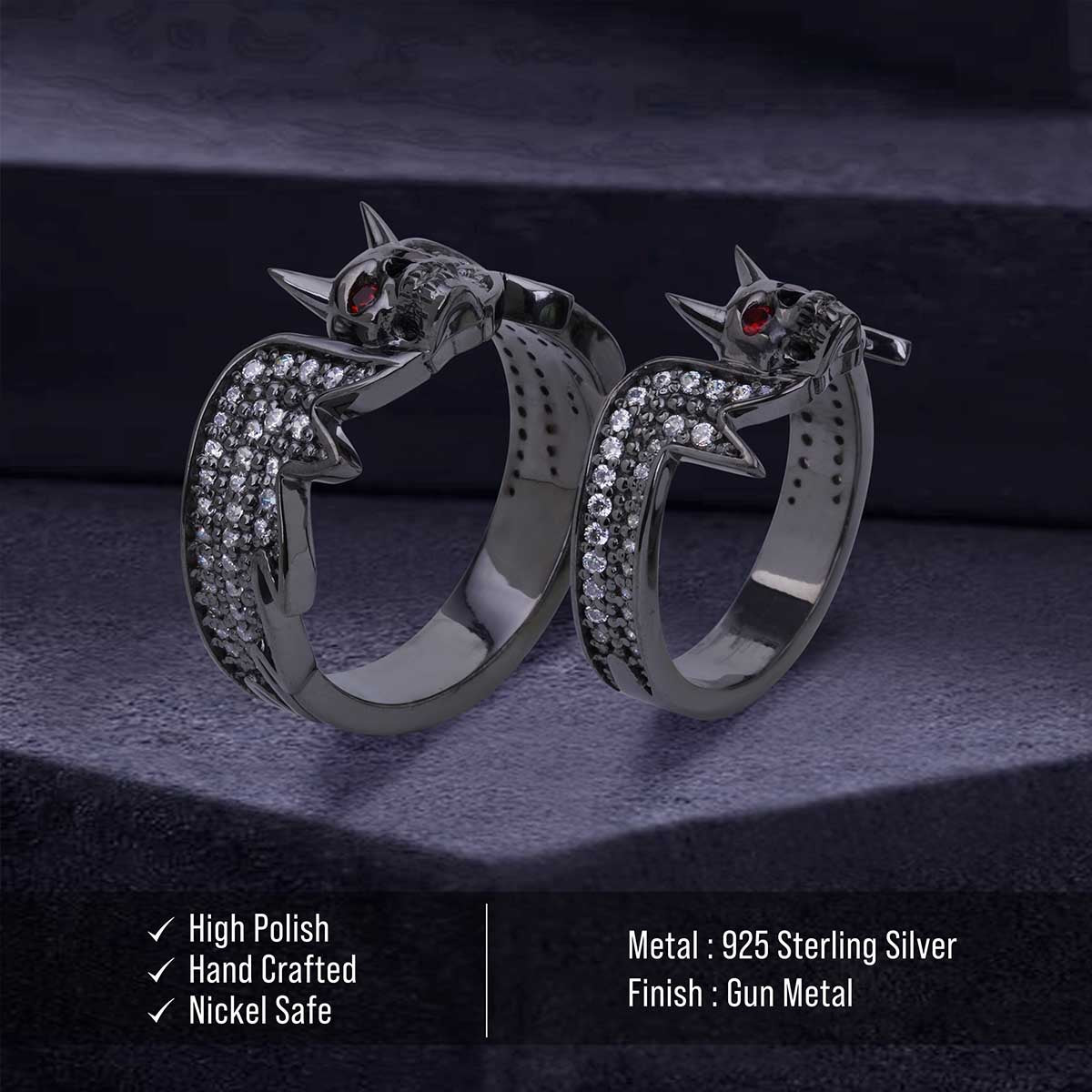 Devil Skull Ring Set with Horns Matching Gothic Wedding Rings