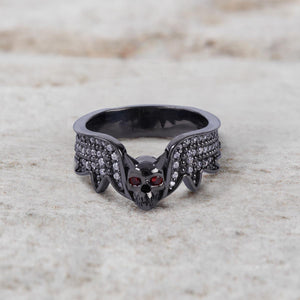 Moissanite Devil Skull Ring with Horns Red Eyes Satanic Jewelry