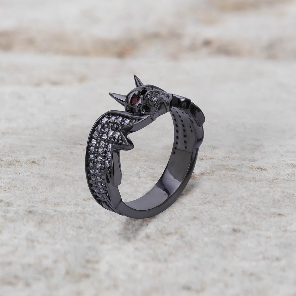 Devil Skull Ring with Horns and Red Eyes Gothic Satanic Jewelry