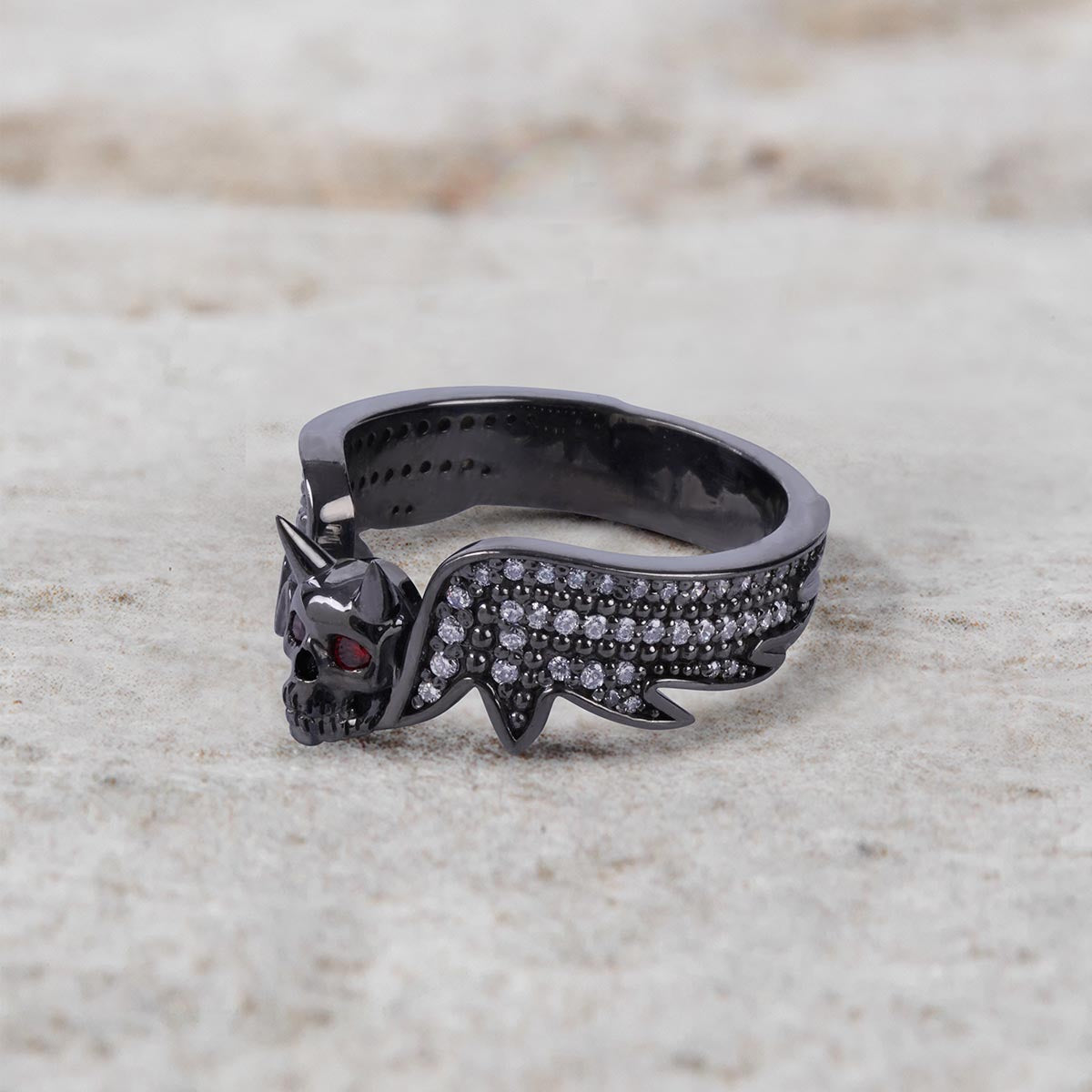 Devil Skull Ring with Horns and Red Eyes Gothic Satanic Jewelry
