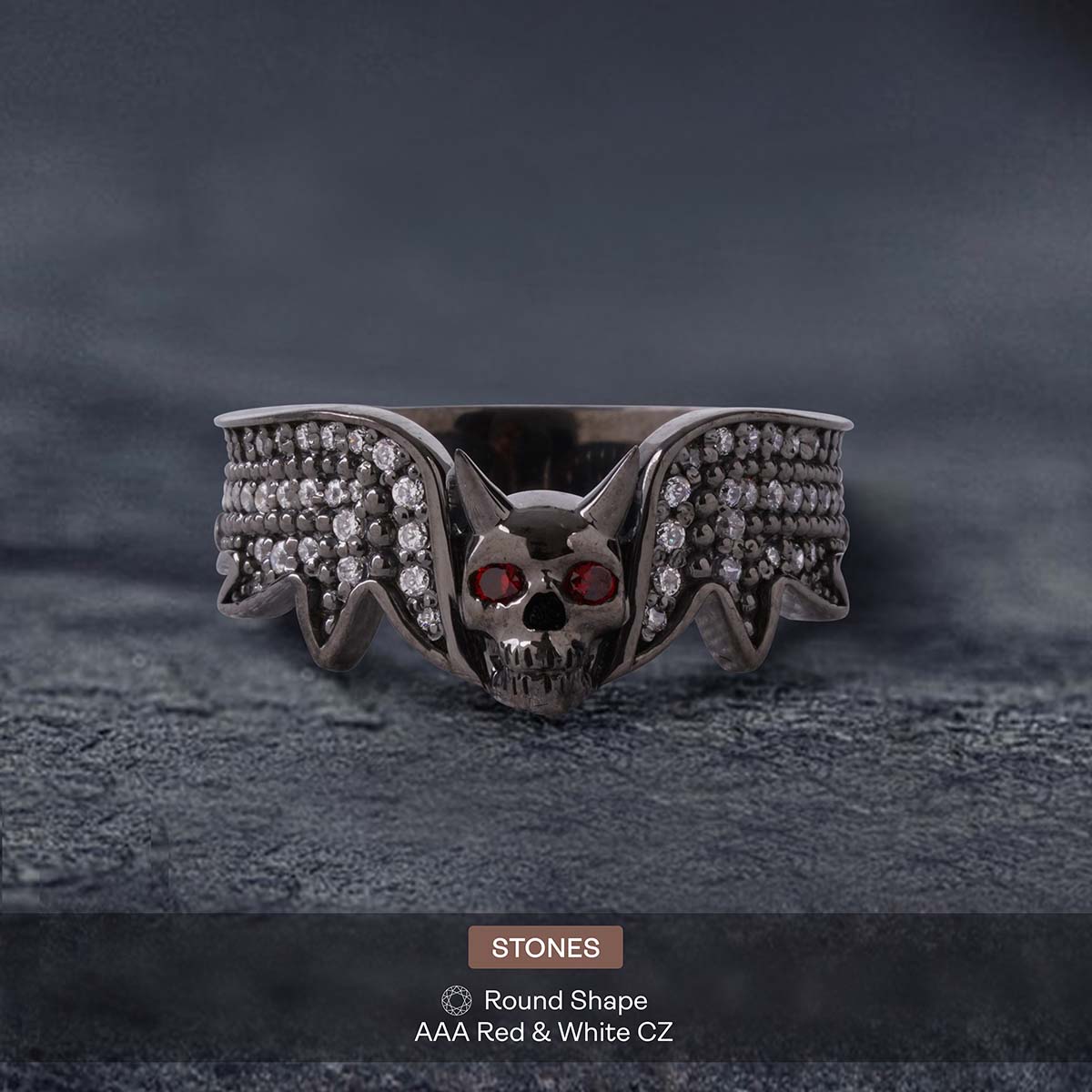 Devil Skull Ring with Horns and Red Eyes Gothic Satanic Jewelry