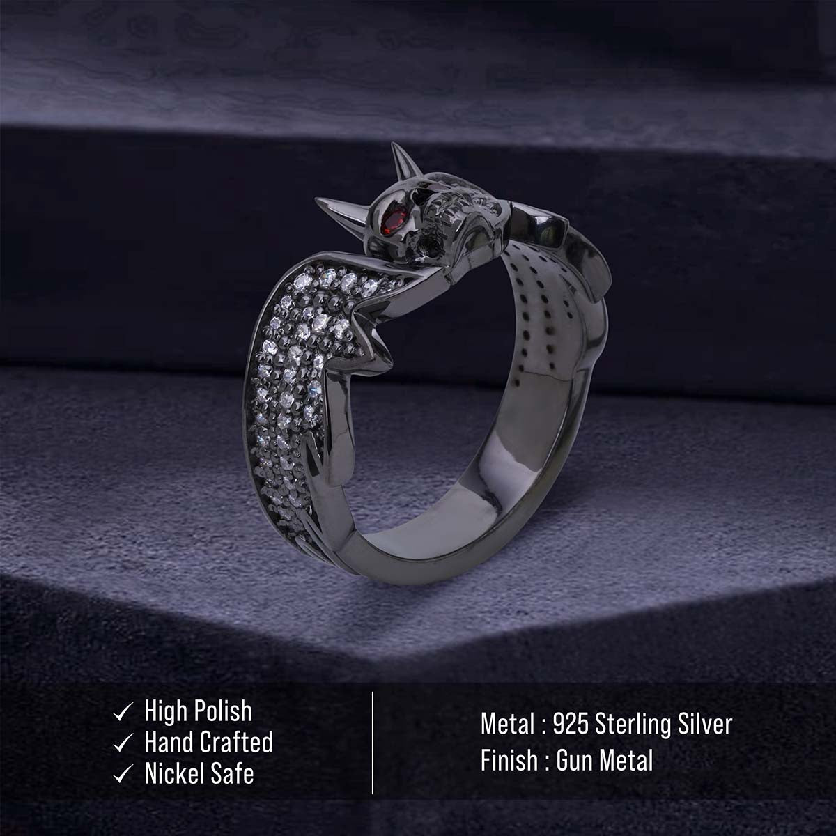 Devil Skull Ring with Horns and Red Eyes Gothic Satanic Jewelry