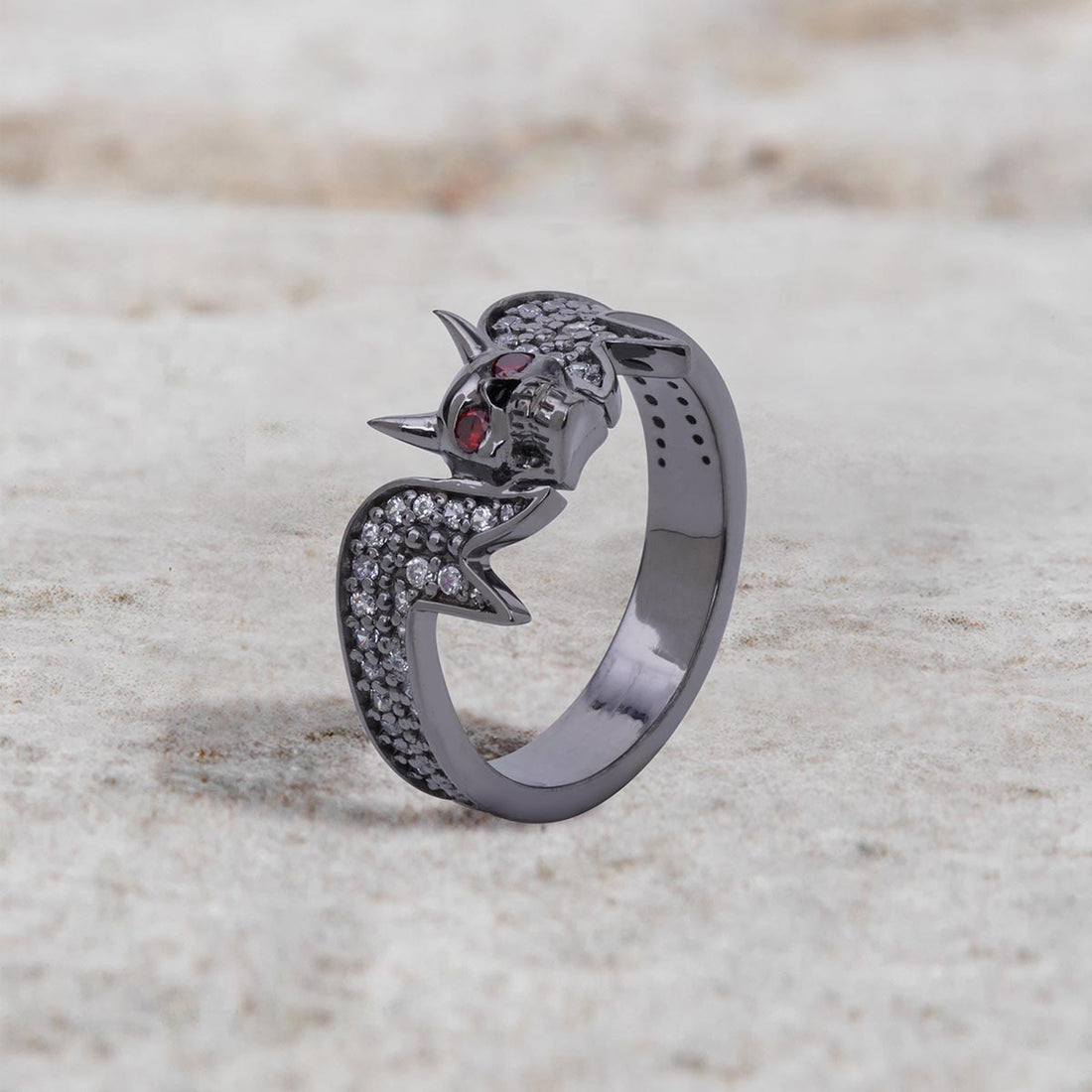 Vampire Skull Ring with Horns Red Eyes Moissanite Devil Jewelry