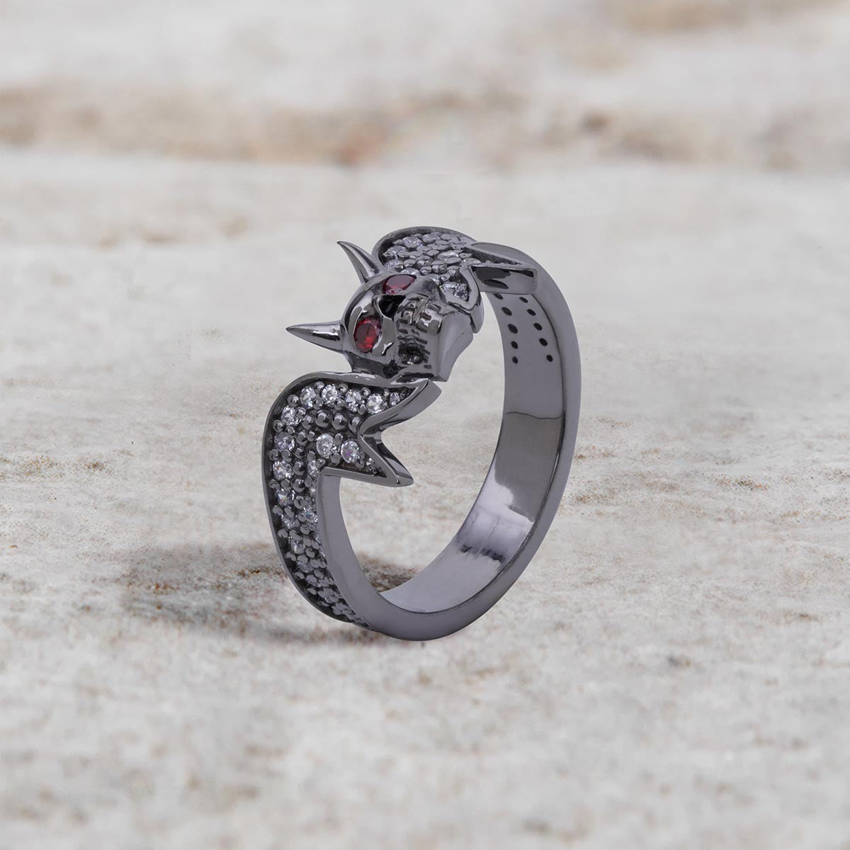 Vampire Skull Ring with Horns Red Eyes Moissanite Devil Jewelry