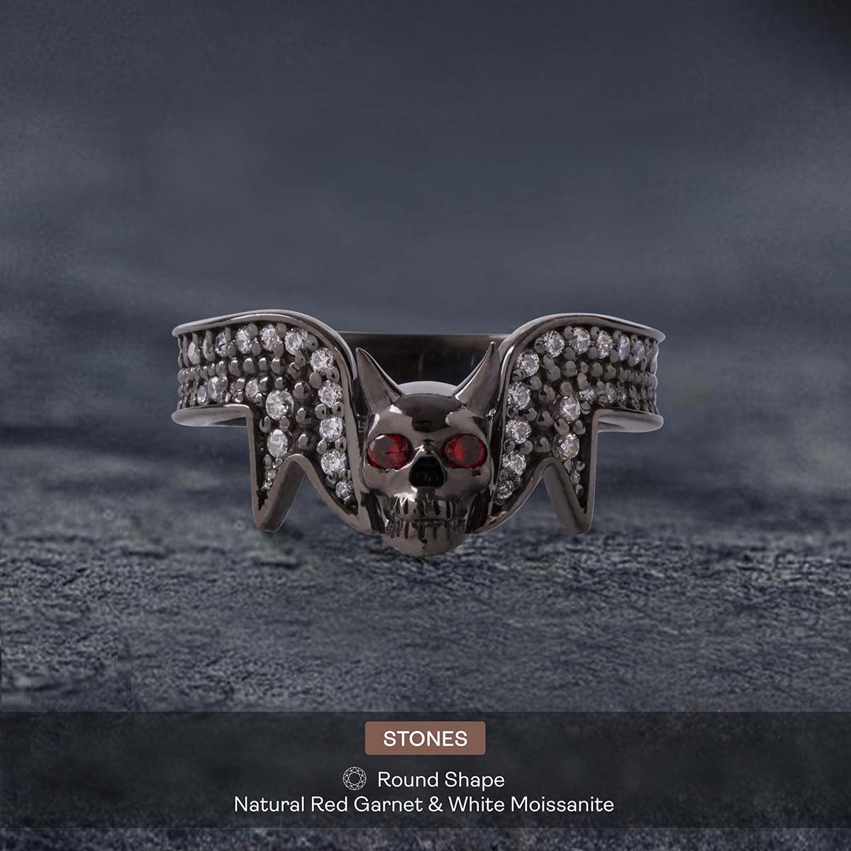 Vampire Skull Ring with Horns Red Eyes Moissanite Devil Jewelry