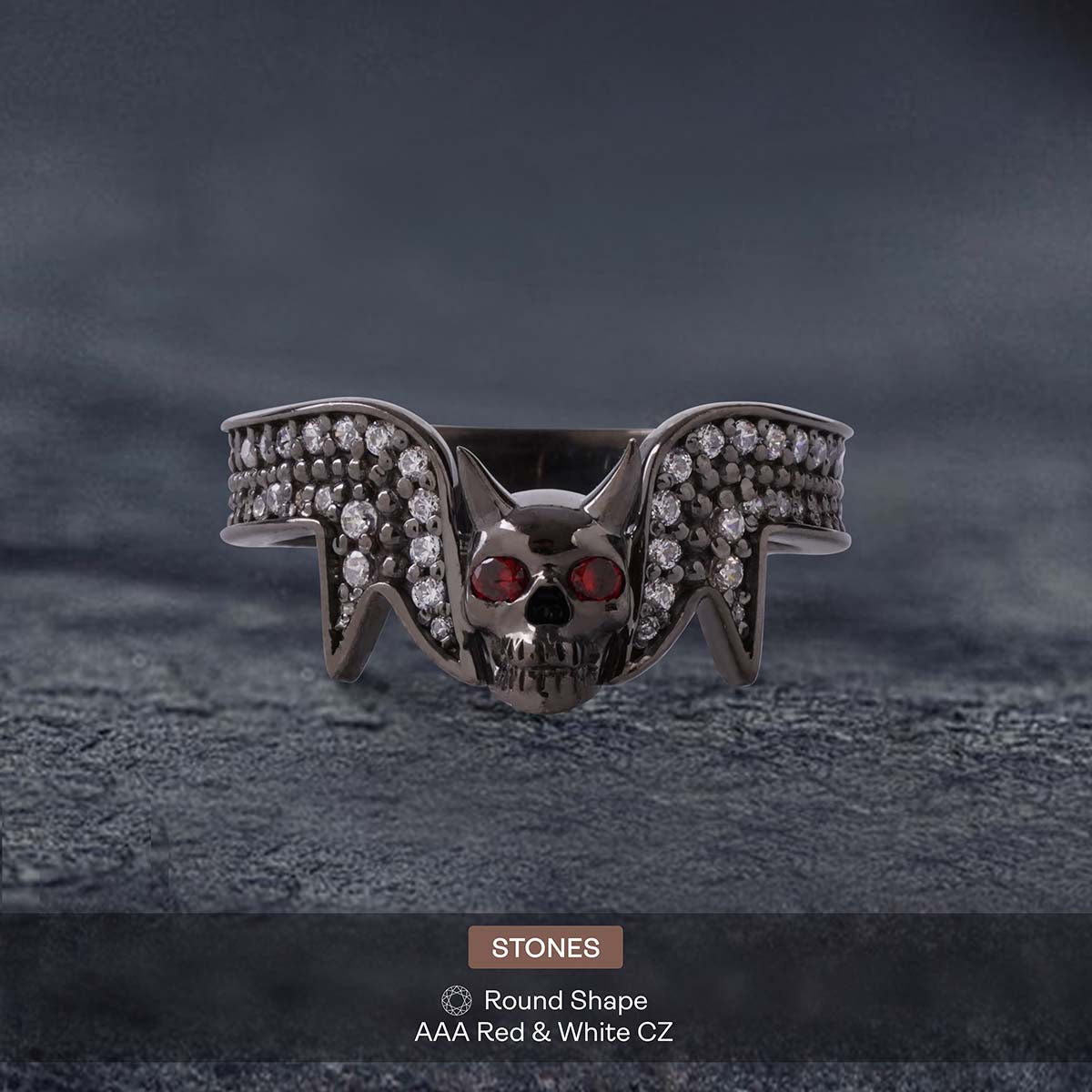 Skull Ring with Red Eyes Devil Horn Dark Gothic Spooky Jewelry