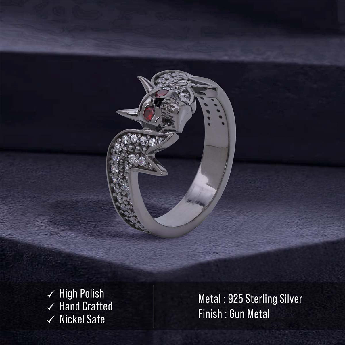 Vampire Skull Ring with Horns Red Eyes Moissanite Devil Jewelry