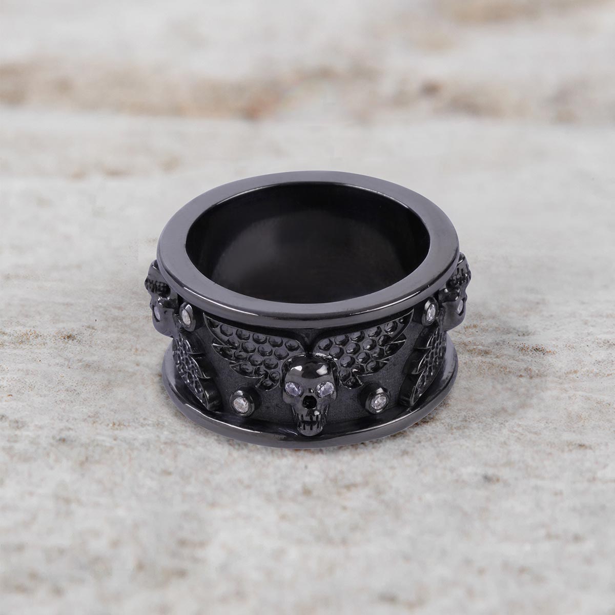 Winged Skull Anniversary Band for Him Gothic Wedding Ring Mens