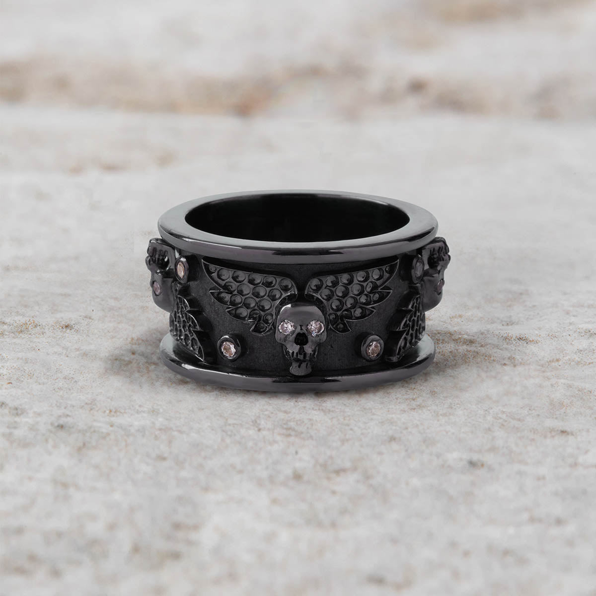 Winged Skull Anniversary Band for Him Gothic Wedding Ring Mens