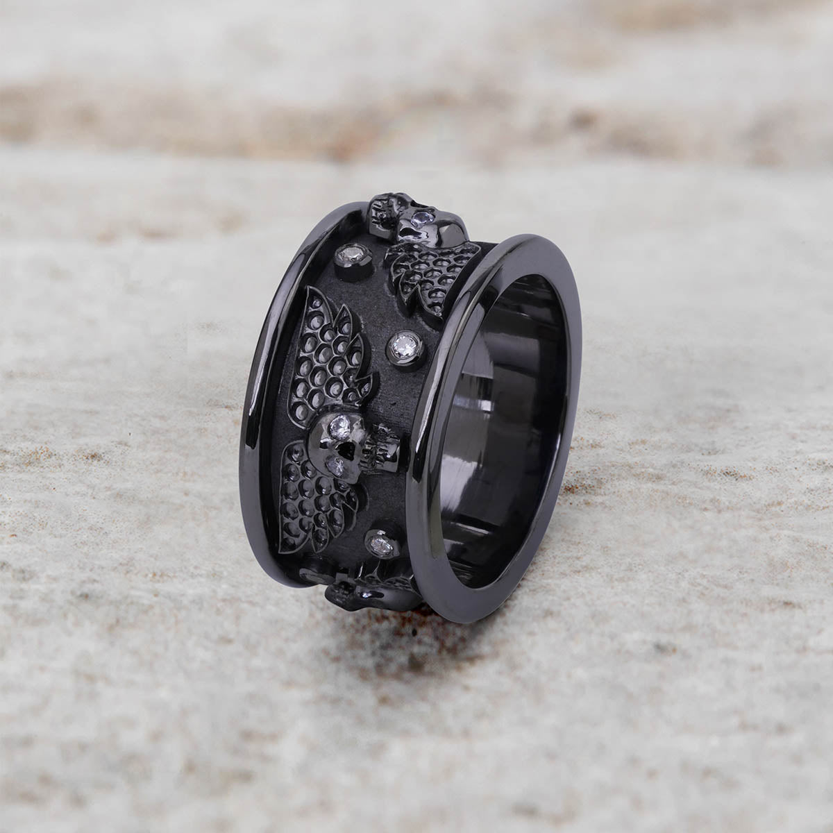 Winged Skull Anniversary Band for Him Gothic Wedding Ring Mens