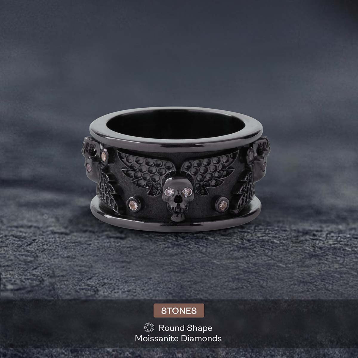 Winged Skull Anniversary Band for Him Gothic Wedding Ring Mens