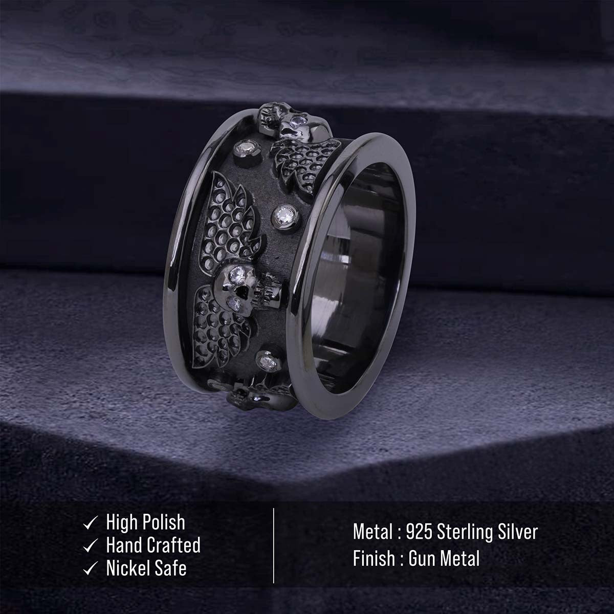 Winged Skull Anniversary Band for Him Gothic Wedding Ring Mens